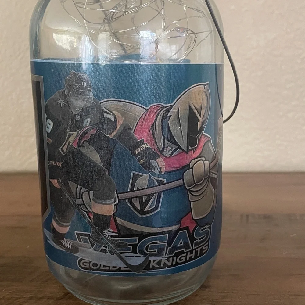 Golden Knights Hockey Theme Light-Up Mason Jar with Handle